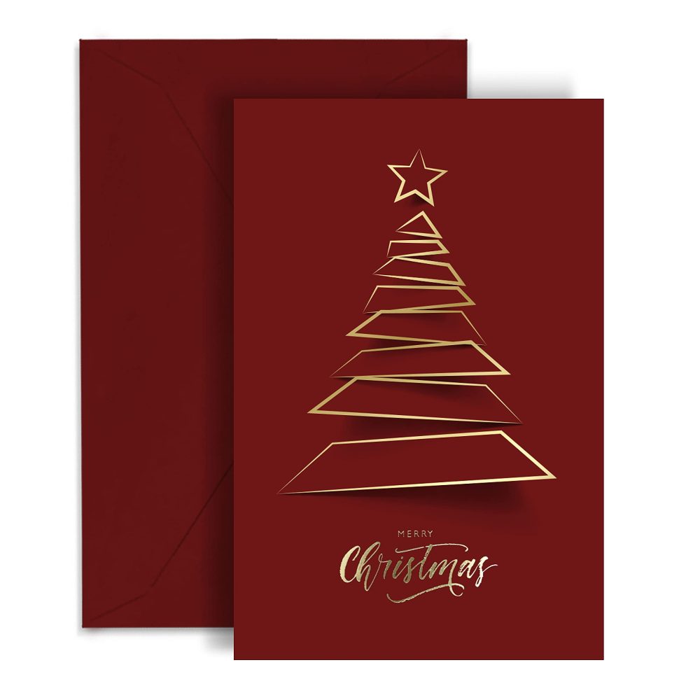 easykart labels 20 Christmas Greeting Cards with Gold Foiling Xmas Tree, Dark Red Self Paper with Red Envelope,6.75 x 4.5 Inch Merry Christmas Cards with Seal Stickers
