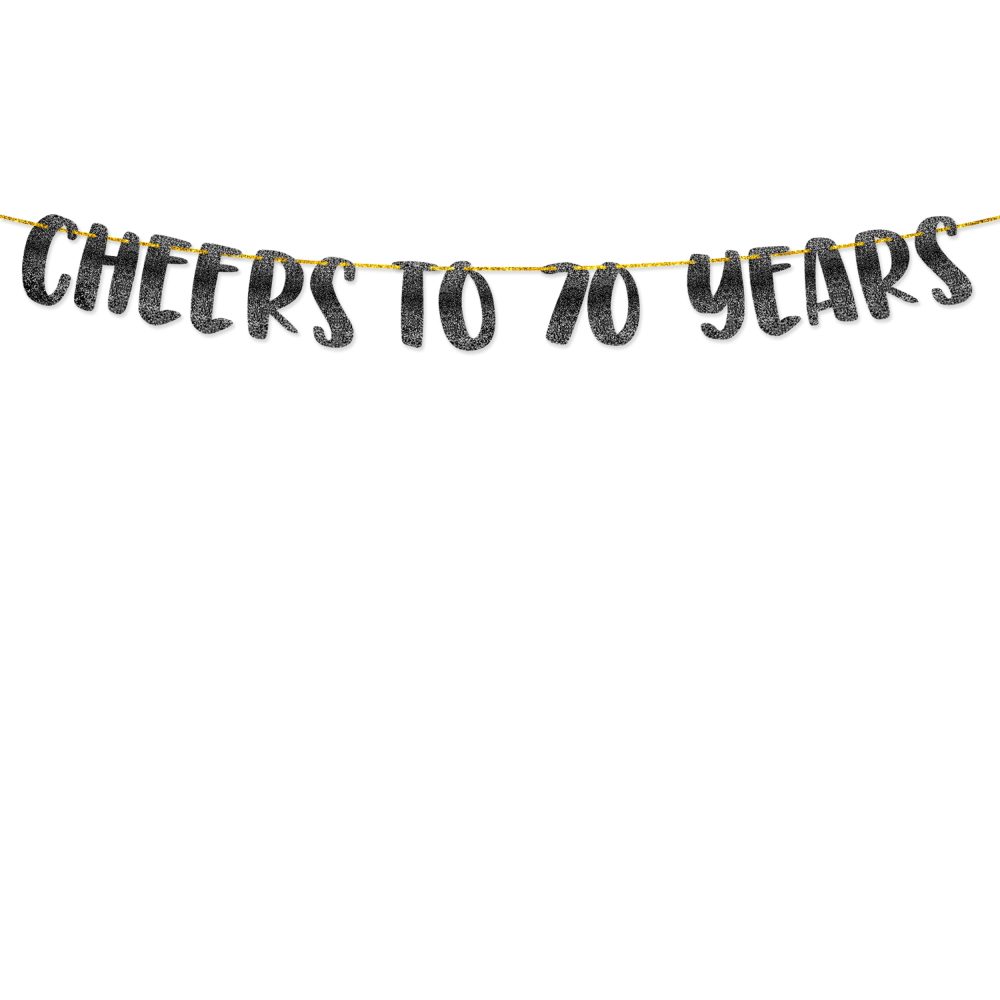 TOYVENTURES Cheers to 70 Years Black Glitter Banner - Happy 70th Birthday Party Decorations 8 Feet, 70th Wedding Anniversary Party Supplies - Milestone Celebration Decor - Pre-strung, No DIY Required - Image 2