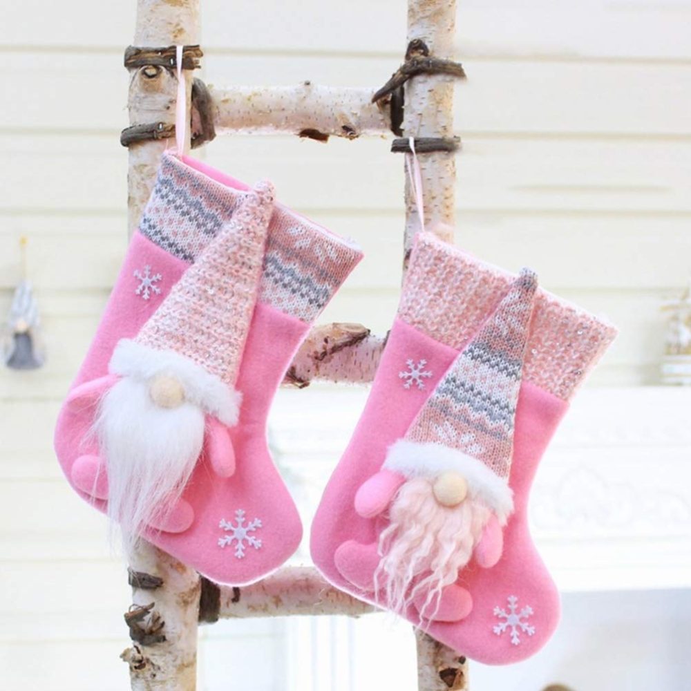 2pcs Christmas Stockings Set 3D Large Xmas Stockings Plush Faux Fur Cuff Family Hanging Socks Bag for Xmas Tree Holiday Season Party Decor (Pink) - Image 9