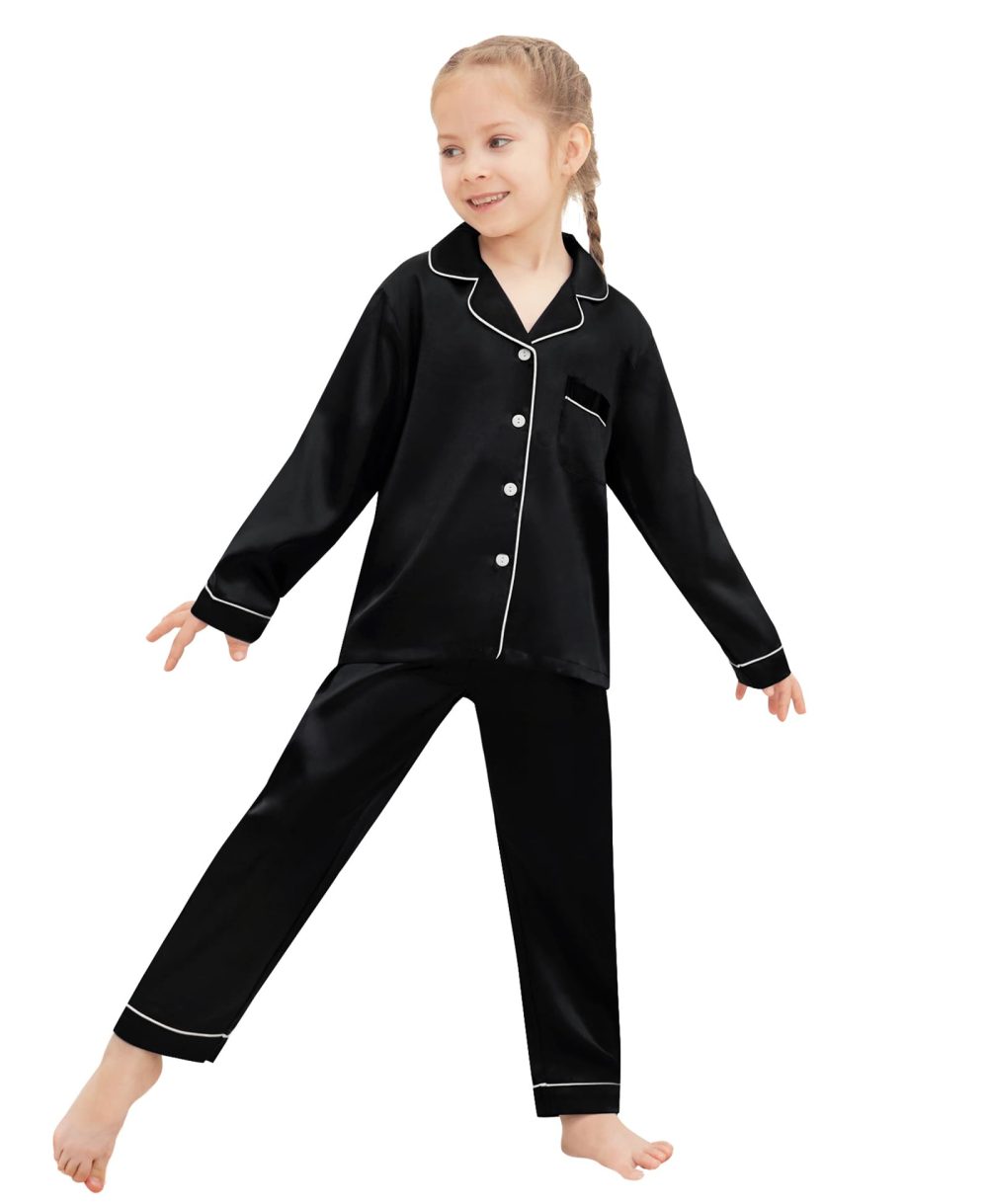 SWOMOG Family Matching Pyjamas Set Silk Satin Button Down Sleepwear Long Sleeve Nightwear 2 Pcs Pj Set Family Black 110