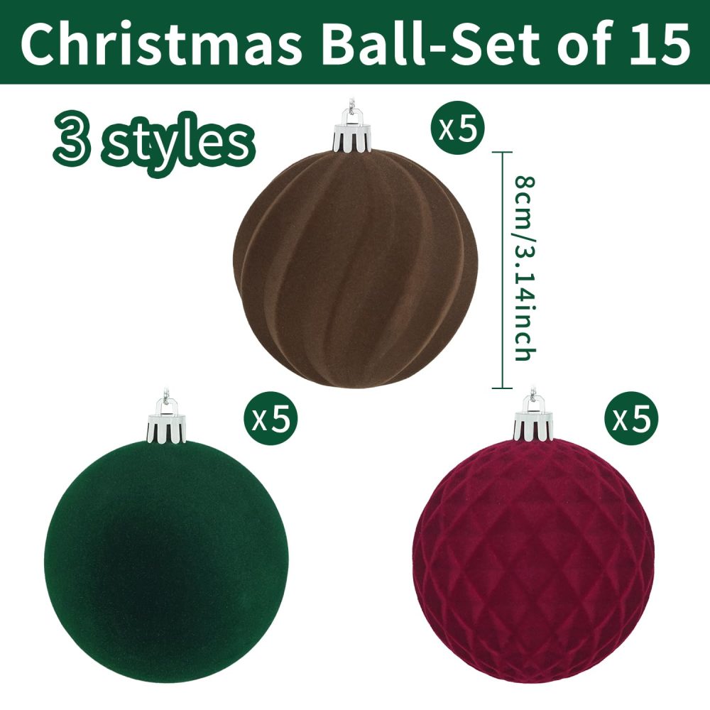 Miaikoe 15 Pcs Velvet Christmas Balls Hanging Ornaments Set, Pre-tied Shatterproof Plastic Flocked Christmas Balls Xmas Decorations Festival Holiday Party Decor (Brown,Red,Green,8CM) - Image 3