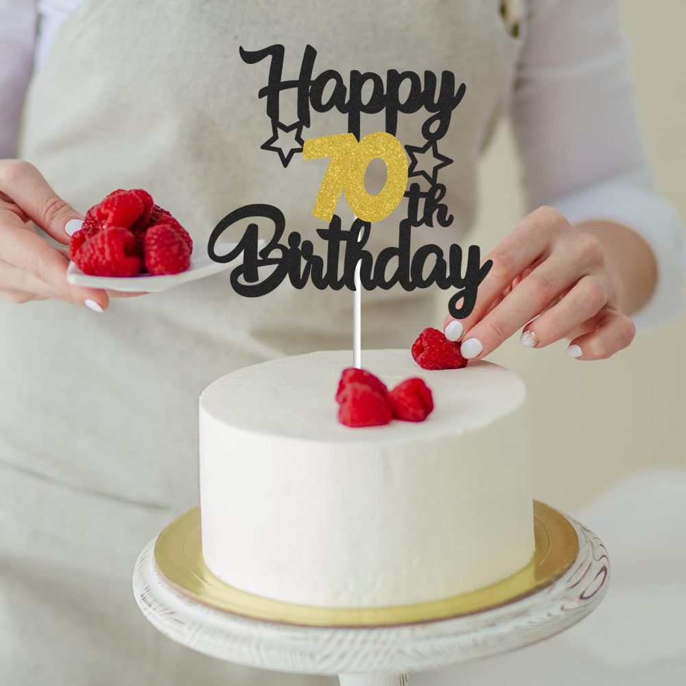 Gidobo 70th Birthday Cake Toppers, Black Gold Glittery Cake Decorations with Stars, Seventy Years Old Birthday Party Supplies for Men and Women - Image 2