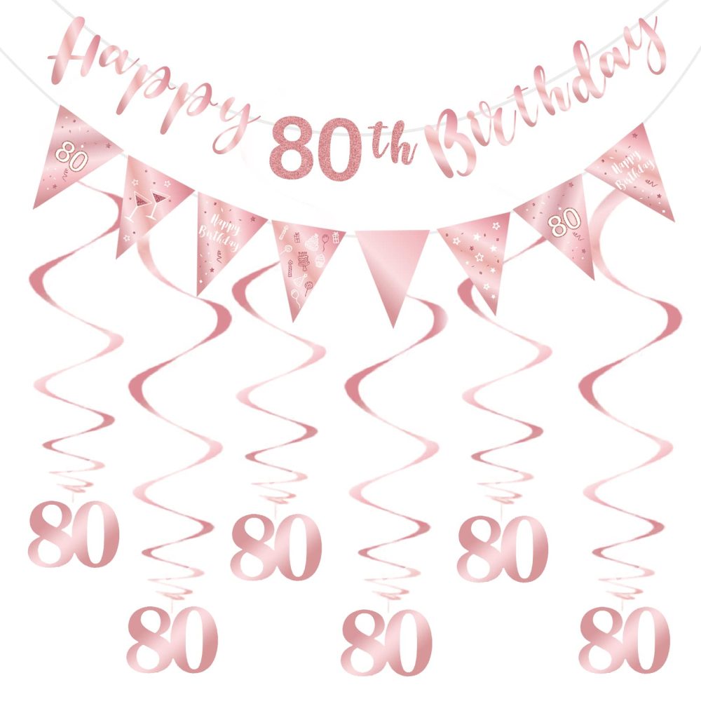 SZHUIHER 80th Birthday Decoration Kit for Women, Happy 80th Birthday Banner Bunting Swirls Streamers, Triangle Flag Banner for Birthday Party Decorations Supplies Rose Gold 80th