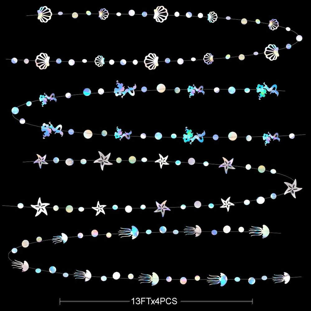 52Ft Iridescent Mermaid Party Decorations Bubble Pearl Starfish Seashell Jellyfish Garland Holographic Paper Bunting Streamers for Kids Birthday Baby Shower Ocean Little Mermaid Under The Sea Decor - Image 5