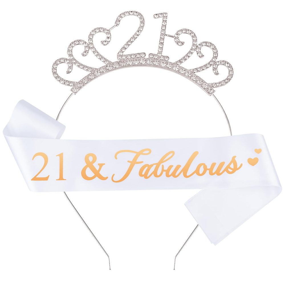Fantasyon 21th Birthday Crown and Sash, Crystal Tiara Birthday Crown Birthday Tiara Rhinestone Crown for 50th Birthday Gift Party Accessories (21 Years Old)