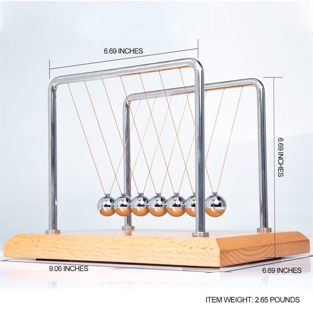 CERROPI Newton Cradle Balance Balls, Newton Pendulum with 7 Balls, Classic Newton Swing Ball, Decorative Physics Gadget for Desk, Beech Base & Chromed Metal Stand, 11 inch, 50 Sec Swingtime - Image 5