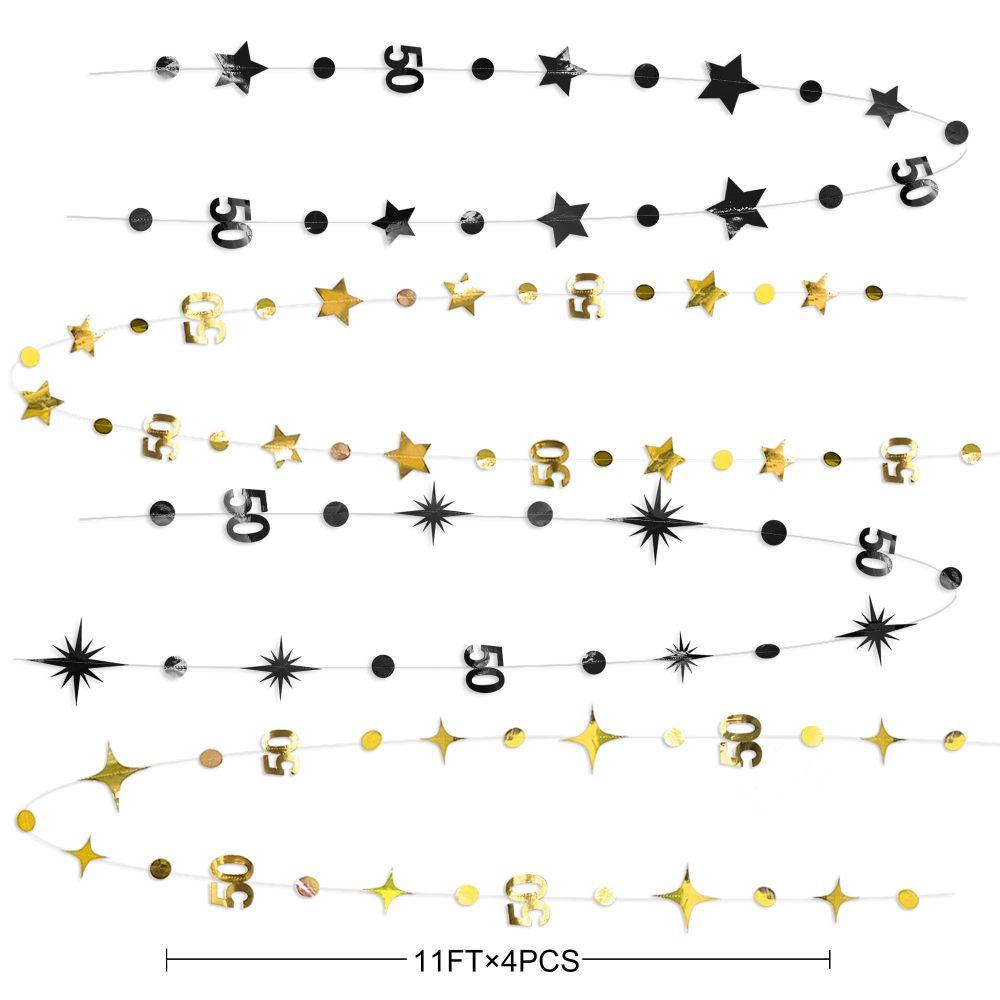 Black Gold 50th Birthday Decorations Number 50 Circle Dot Twinkle Star Garland Metallic Hanging Streamer Banner Backdrop for Women Mens 50 Years Old Birthday Happy 50th Anniversary Party Supplies - Image 5