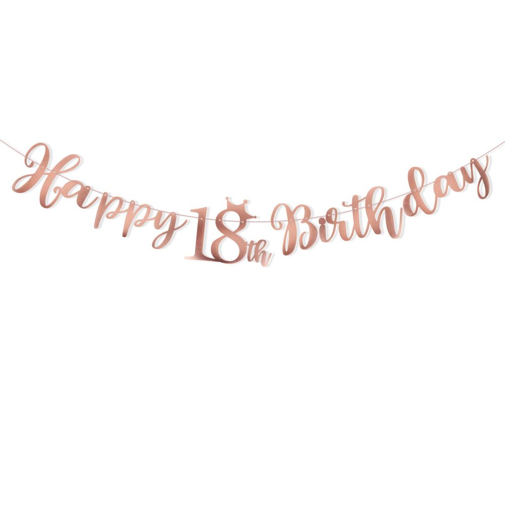 Happy 18th Birthday Banner Crown Garlands Backdrop Bunting Eighteen Years Old Anniversary Photo Booth Background DIY Party Decoration Supplies for Boys or Girls Living Room (Rose Gold)