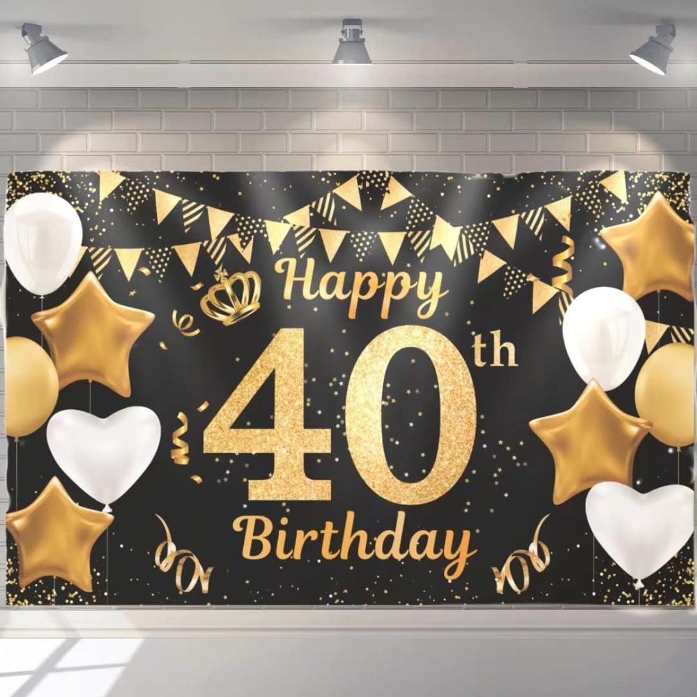 Happy 40th Birthday Banner Black Gold 40th Photo Backdrop Birthday Party Background Supplies Backdrop Props, Birthday Decorations (40th)