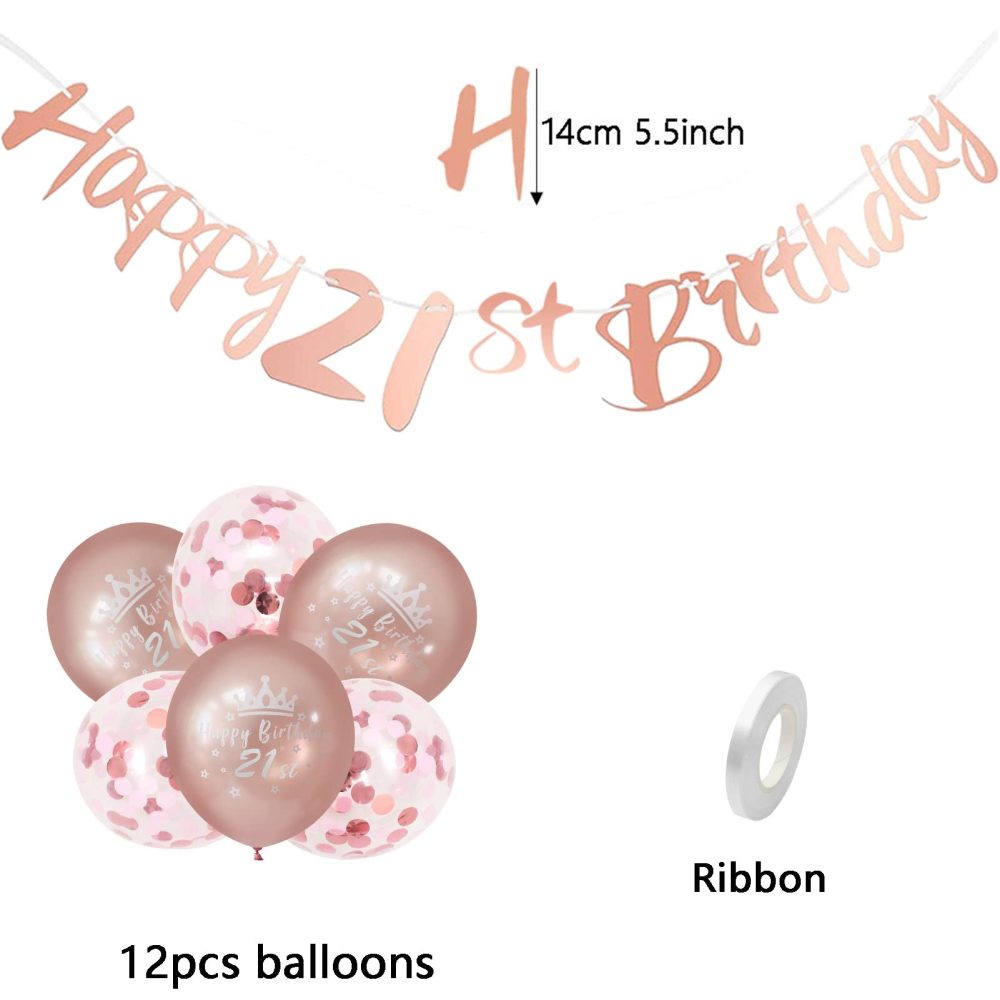 Happy 21th Birthday Banners Rose Gold Women 21th Birthday Banner Bunting Including 12 Pack 12” Latex Printed Balloons Women 21 Birthday Decorations Supplies - Image 2