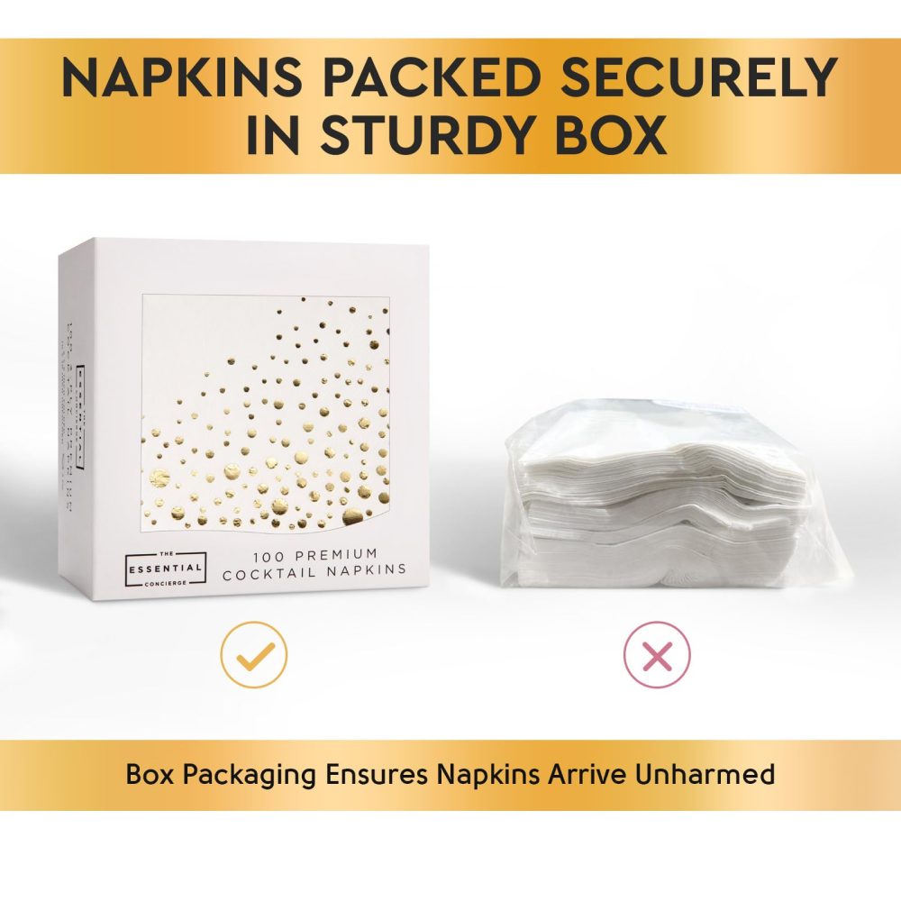 Stylish Gold Napkins -100 Pack of Gold Cocktail Napkins - Small 5x5 Inch Party Napkins - 3 Ply Disposable Gold Serviettes -White and Gold Napkins - Disposable Gold Paper Napkins for Wedding or Party - Image 9