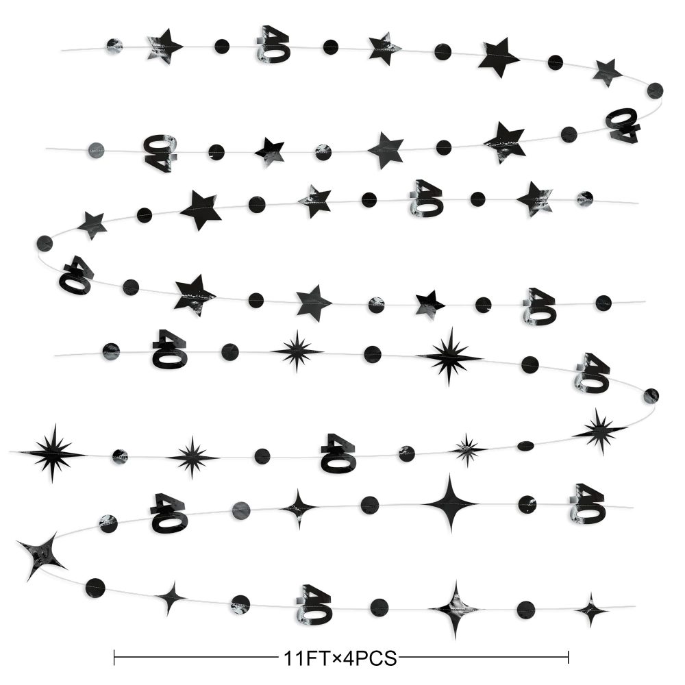 Black 40th Birthday Decorations Number 40 Circle Dot Twinkle Star Garland Metallic Hanging Streamer Bunting Banner Backdrop for Women Mens 40 Year Old Birthday Forty Anniversary Party Supplies - Image 5