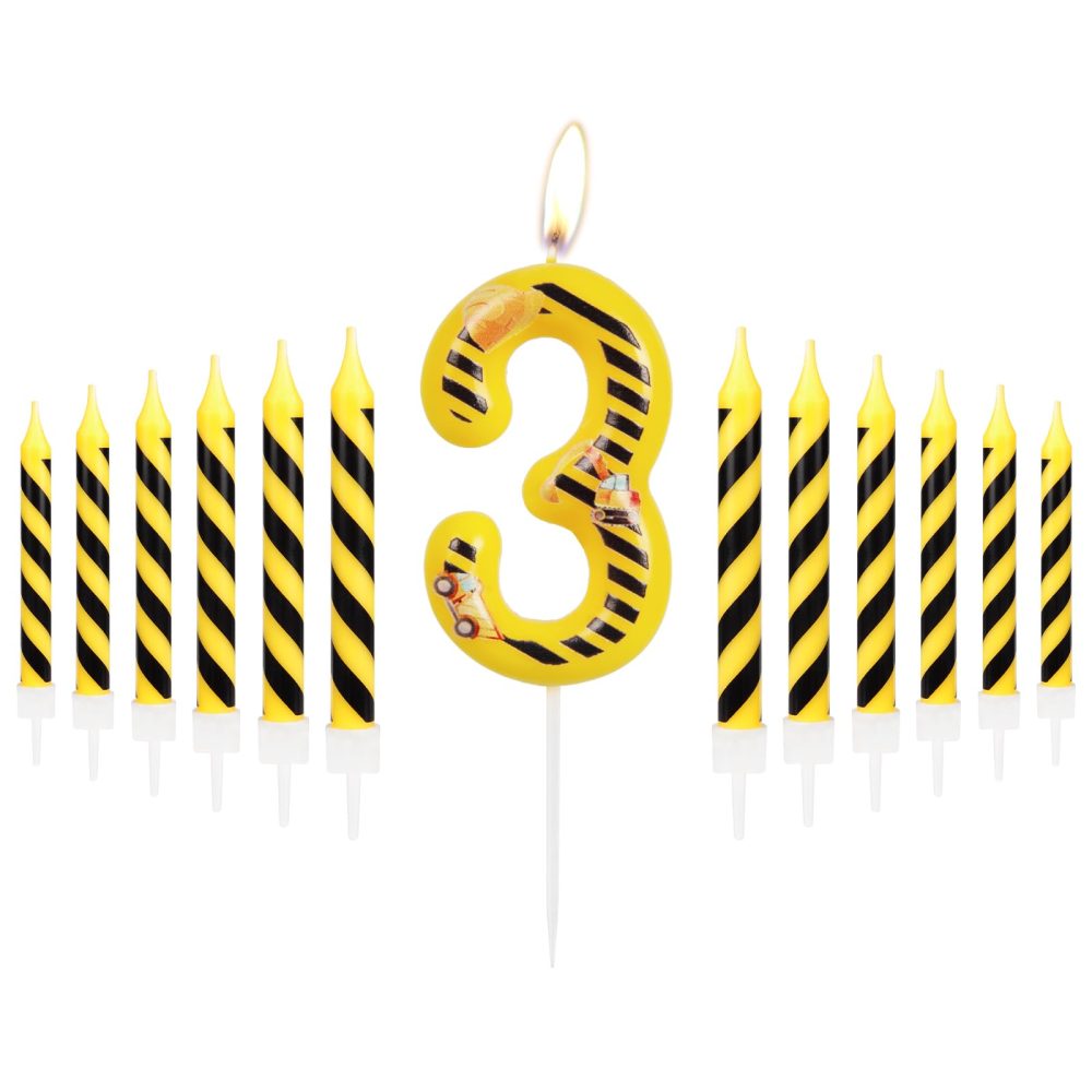 Construction Birthday Candles, Birthday Number 3 Candle with Yellow and Black Stripes Candle for Cake, Happy 3nd Birthday Cake Candle Topper for Boys Construction Birthday Party Decoration Supplies