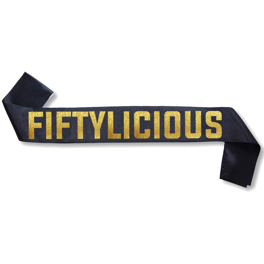 Fiftylicious Black and Gold Glitter Satin Sash - Happy 50th Birthday Party Supplies, Ideas and Decorations - Image 3
