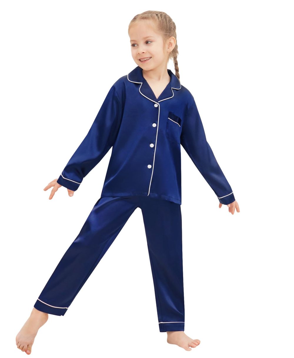 SWOMOG Family Matching Pyjamas Set Silk Satin Button Down Sleepwear Long Sleeve Nightwear 2 Pcs Pj Set Family Navy Blue 110