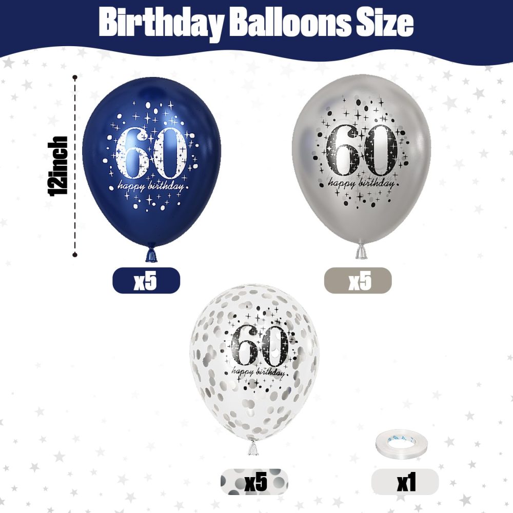 60th Birthday Decorations for Men, 15 Pieces Navy Blue Silver Happy 60th Birthday Latex Balloons Set for Him, 60th Party Decorations for Age 60 Years Old 60th Birthday Party Decor Celebration Supplies - Image 8