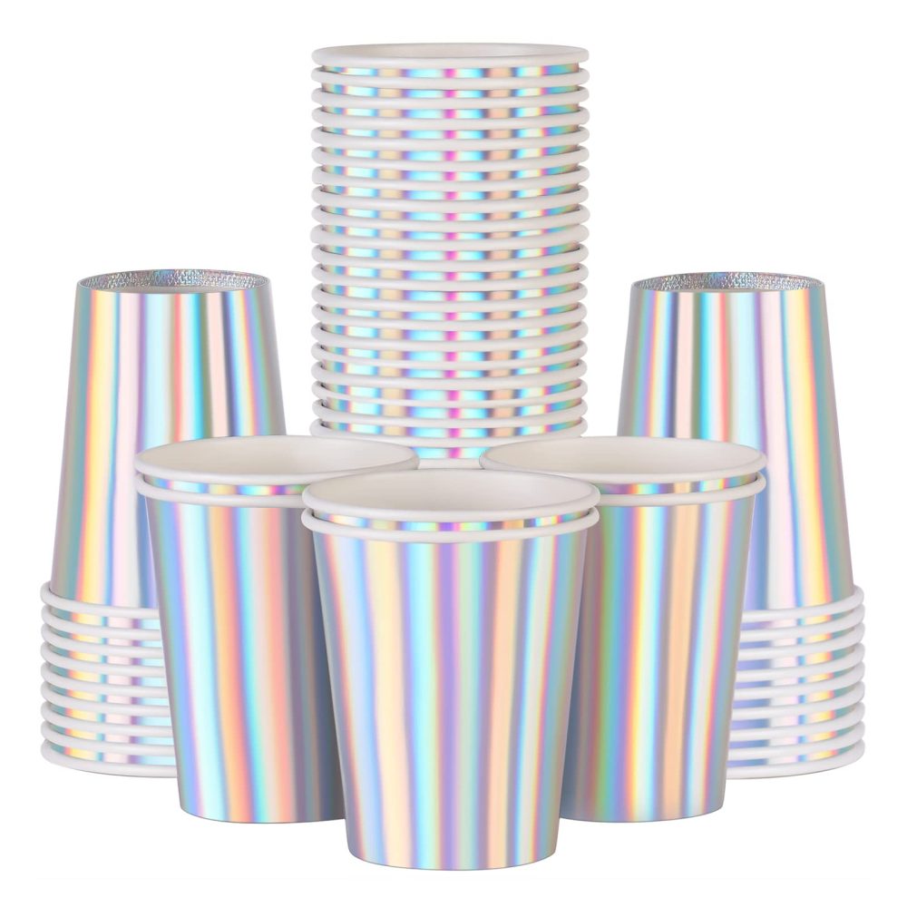 Iridescent Paper Cups 9 oz [50pack] Disposable Coffee Cups Hot Cold Drinks Tea Milk Juice Chocolate Silver White Cup Holographic Rainbow Party Decorations Picnic Home Birthday Anniversary Christmas