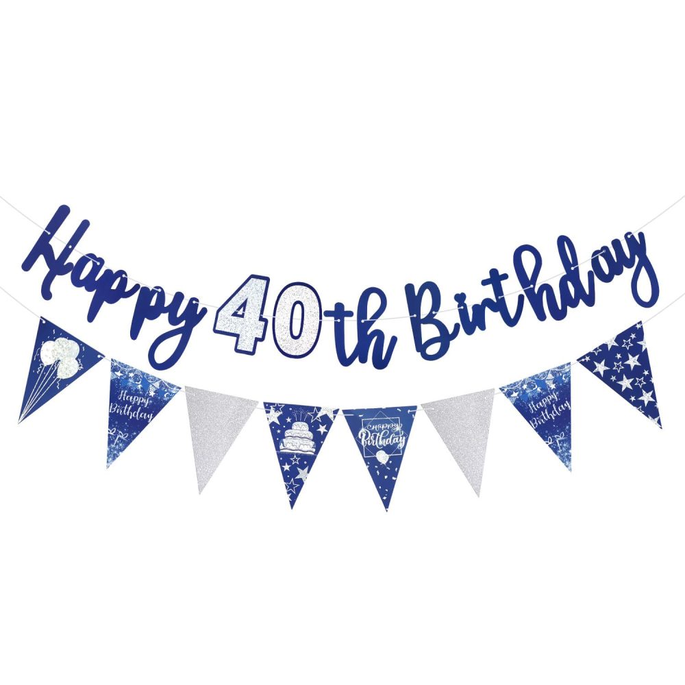 Happy 40th Birthday Banner Blue Happy Birthday Triangle Flag Banner Party Decorations Bunting Flags Party Supplies Decoration 40th Birthday Banners for Men Women A8LSLQZH (40)