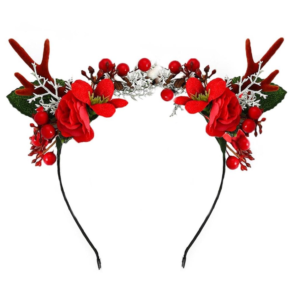 Unicra Christmas Headband Flower Antlers Headband Headwear Elk Deer Animal Horns Hair Piece Headdress Halloween Hair Accessories for Women and Girls (10)
