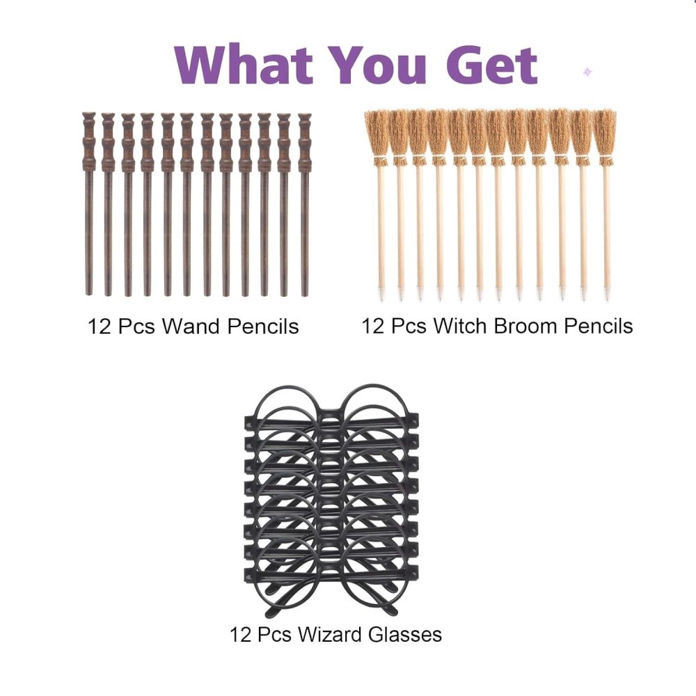 60pcs Wizard Party Supplies Kit -Wizard Glasses with Round Frame No Lenses,Witch Broom Pencil,Magic Wand Pencil,Lightning Bolt Scar Temporary Tattoo for Birthday, Halloween, Cosplay Party Decor - Image 6