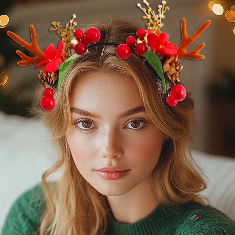 Unicra Christmas Headband Flower Antlers Headband Headwear Elk Deer Animal Horns Hair Piece Headdress Halloween Hair Accessories for Women and Girls (09) - Image 3