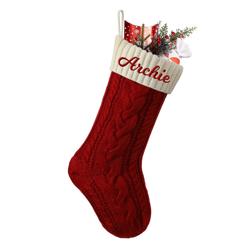 Personalized Christmas Stockings Custom Name Family Christmas Stockings 18" Large Knitted Xmas Fireplace Hanging Stocking, Stocking for Holiday Family Party Decoration, Red/Ivory White