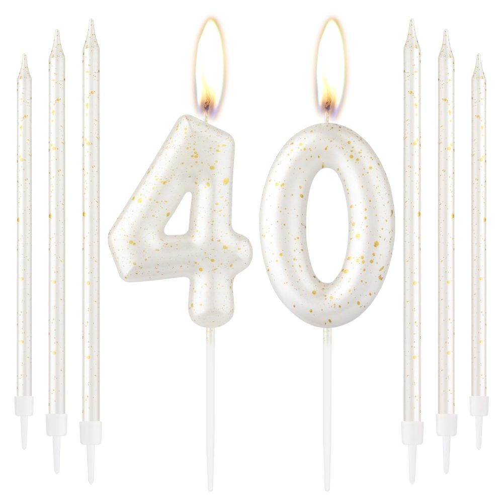 White Gold Happy 40th Birthday Candles, Gold Number 40 Candles for Birthday Cake, White Gold Birthday Candles Cake Topper for Women Men 40th Birthday Cake Decorations, Wedding Anniversary Supplies