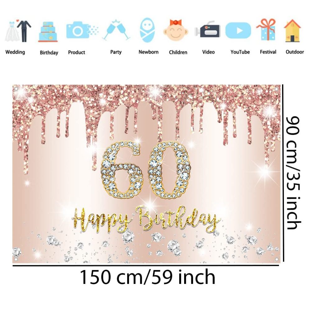 Happy 60th Birthday Party Decoration Backdrop Banner for Woman Happy 60 Years Old Fabric Sign Poster, Glitter Rosegold Photo Background 60th Birthday Decorations Party Supplies, 150x90cm - Image 2
