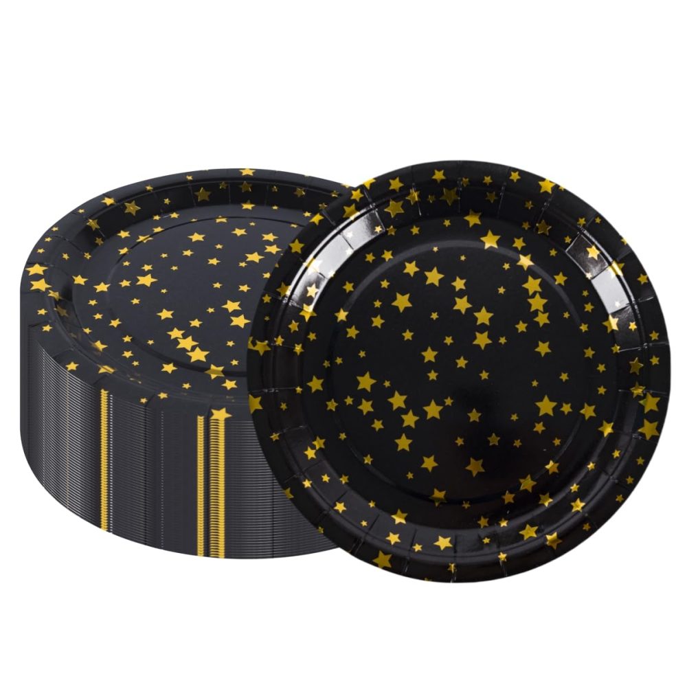 CEILIWEN Black Gold Paper Plates, 50 Pack 9 inch Birthday Decorations Paper Plates, Round Paper Plates Disposable Dinner Dishes, Black and Gold Star Plates, Party Tableware