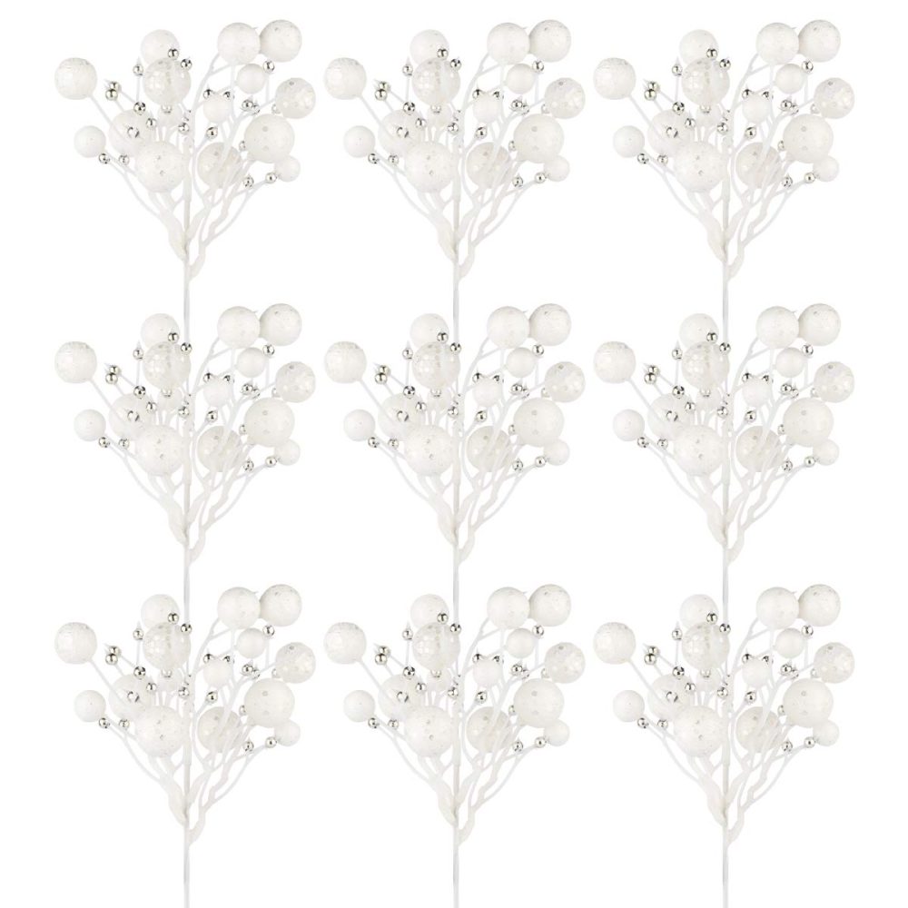 Art Beauty White Christmas Tree Stem Pack of 9 Artificial Glittered Berry Picks for Xmas Tree Decoration Wreath Garland Tree Topper Wedding Centerpiece Decor - Image 4