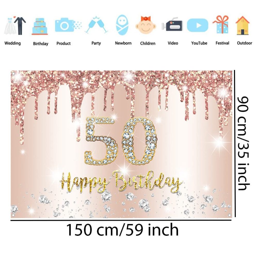 Happy 50th Birthday Party Decoration Backdrop Banner for Women Happy 50 Years Old Fabric Sign Poster, Glitter Rosegold Photo Background 50th Birthday Decorations Party Supplies, 150x90cm - Image 2