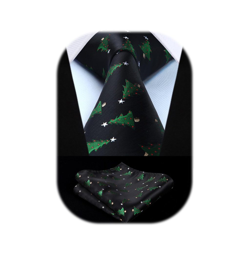 HISDERN Christmas Black Tie for Men Green Trees Pattern Ties Festival Party Xmas Dinner Necktie & Pocket Square Set