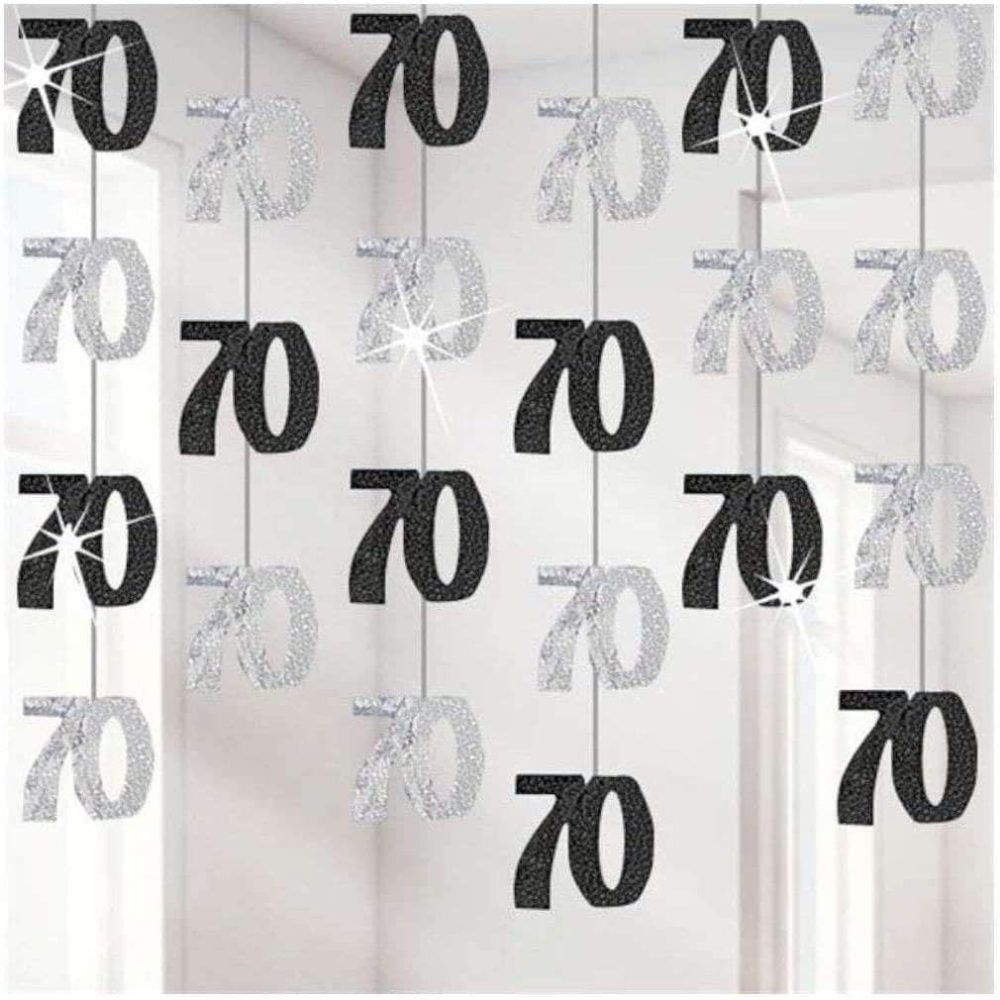 70th Glitz Black and Silver Anniversary Birthday Metallic Hanging String Shiny Foil Banner Party Door Wall Decorations Pack of 6 - Image 5