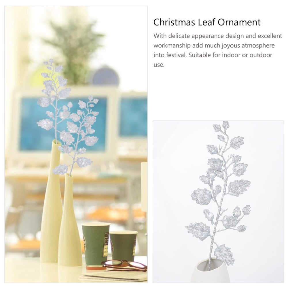 NUOBESTY 10Pcs Chinese Glitter Leaves Picks Sprays Artificial Holly Leaves Picks Stems Wired Twig Stem Fake Bunch for DIY Garland Holiday Wreath Ornament (Silver) - Image 3