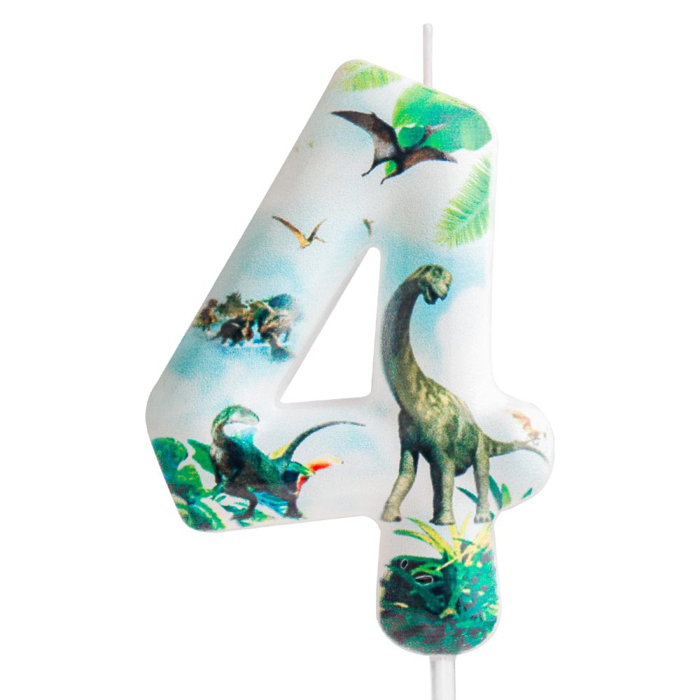 4th Birthday Candle Dinosaur Number 4 Candle Dinosaur Cake Decoration Birthday Party Supplies White Jurassic Period Dinosaur Themed Cake Topper Decorations for Kids Boy Girl Party Decor Supplies