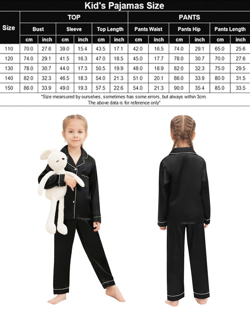 SWOMOG Family Matching Pyjamas Set Silk Satin Button Down Sleepwear Long Sleeve Nightwear 2 Pcs Pj Set Family Black 110 - Image 2