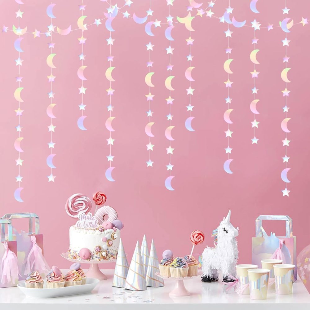 OURUOLA Iridescent Disco-Holographic Party-Decorations Moon-Star Garland - 62Ft Twinkle Little Star Hanging Neon Streamers Banner,Eid Ramadan Mubarak Decoration Birthday Wedding Baby Shower Decor - Image 4