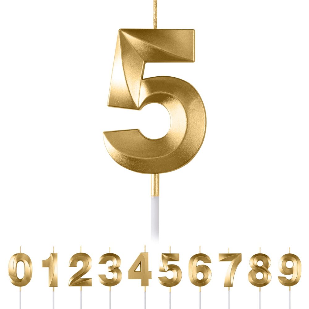 Birthday Candles Numbers 5, Gold Birthday Candles, 3D Diamond Shape Cake Candles Number 0 1 2 3 4 5 6 7 8 9 Glitter Cake Topper Decoration for Wedding Birthday Anniversary