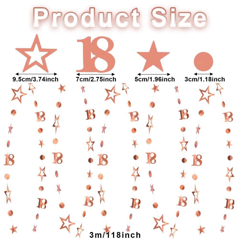 18th Birthday Decorations Hanging Swirls Decorations Rose Gold Number 18 Circle Dots Star Garland Party Decorations Metallic Hanging Streamer Banner Shiny Hanging Swirls for Birthday Party Supplies - Image 4