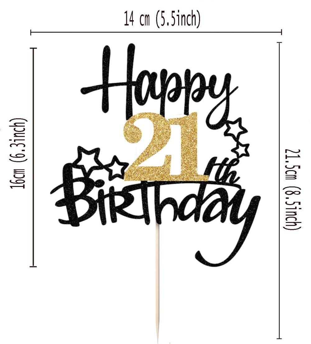 JEKUGOT 21th Birthday Cake Toppers, Black and Gold Glitter Cake Decorations, Happy 21th Birthday Cake Toppers for Boys and Girls Themed Party (1pcs) - Image 2