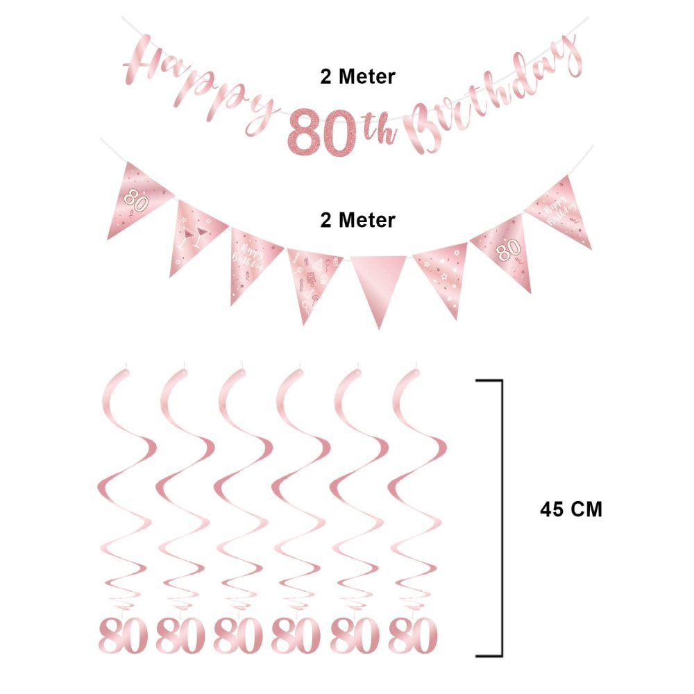 SZHUIHER 80th Birthday Decoration Kit for Women, Happy 80th Birthday Banner Bunting Swirls Streamers, Triangle Flag Banner for Birthday Party Decorations Supplies Rose Gold 80th - Image 3