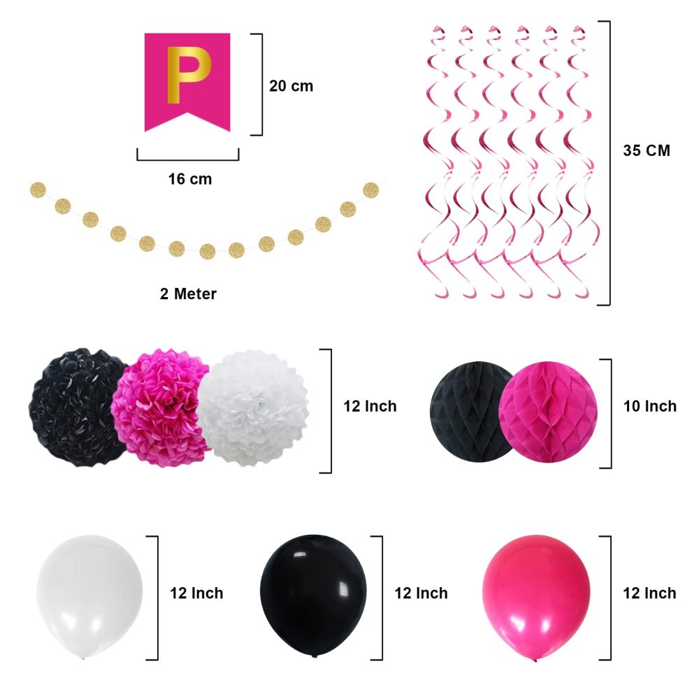 Hot Pink Black White Birthday Decorations for 1st 16th 18th 21th 30th 40th 50th 60th 70th Birthday, Happy Birthday Banner with Tissue Pompoms Balloons for Birthday Party Supplies for Women Girls - Image 4
