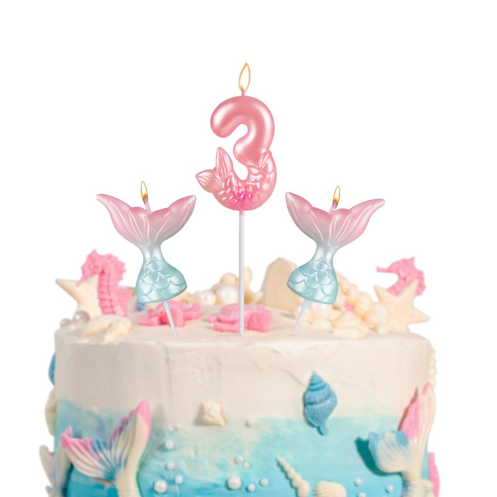 Mermaid Number Candles Set, 3PCS Pink Blue Birthday Cake Candles,Number 3 Mermaid with Tail Pink Theme Birthday Cake Decoration for Girls Baby