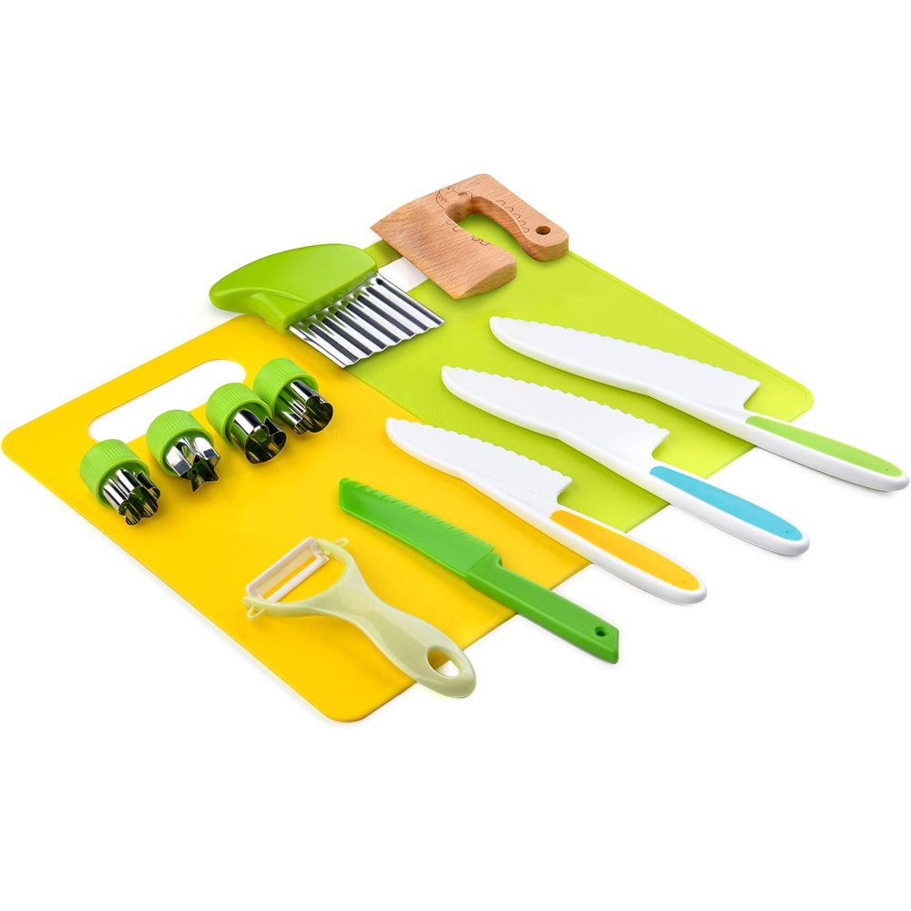 Tyrkuiy 13 Pieces Wooden Kids Kitchen Knifes-Toddler Safe Knives Set for Real Cooking with Plastic Knives/Crinkle Cutter/Kids Cutting Board/Y-Peeler/Fruit Cutters Shapes - Image 7