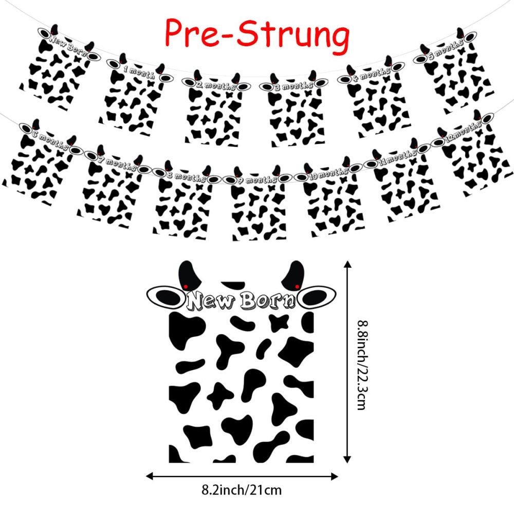 JOYMEMO 13PCs Cow Photo Banner - 1st Birthday Baby Photo Banner for Newborn to 12 Months, Cow Print Birthday Party Decorations, Farm Barnyard Cowboy Cowgirl First Birthday Party Supplies - Image 3