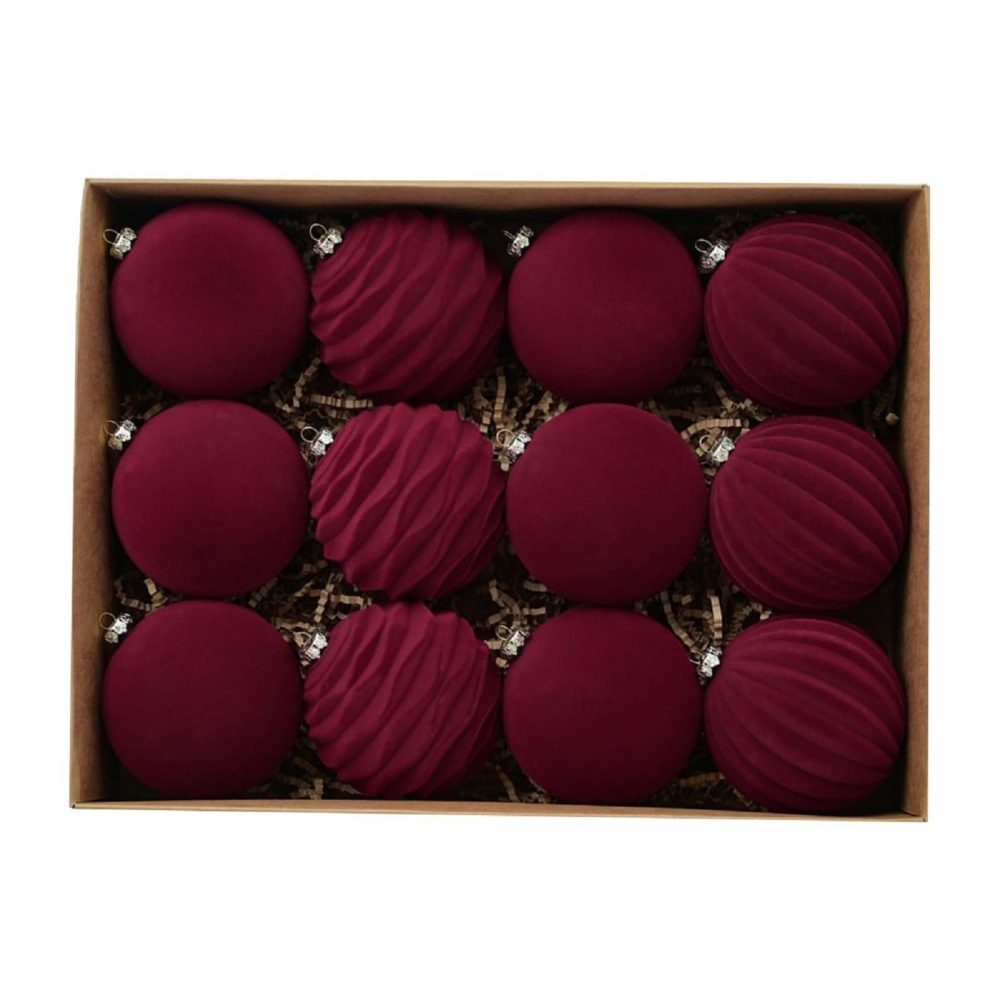Velvet Christmas Balls, Velvet Christmas Ornaments for Tree Set of 12, Farmhouse Christmas Ball Bauble, Christmas Ball Ornaments for Xmas Tree Hanging Decoration (Red)