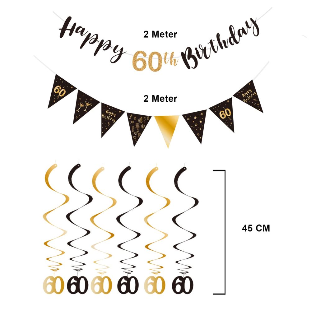 60th Birthday Decoration Kit for Men, Happy 60th Birthday Banner Bunting Swirls Streamers, Triangle Flag Banner for Birthday Party Decorations Supplies Black and Gold 60th - Image 3