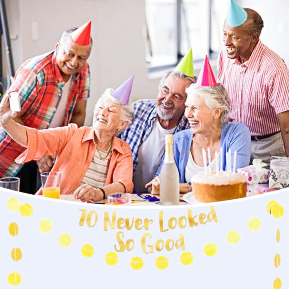 70 Never Looked So Good Banner and 2m Paper Circle Dots Hanging Garland Kit Paper Banner Bunting for Funny Birthday Party Hanging String Flag - Image 5