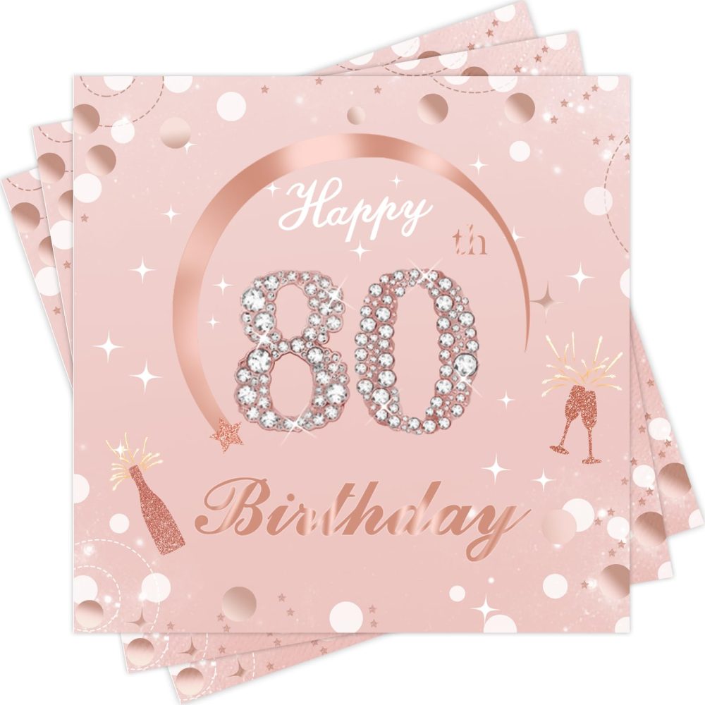 Wentsent Rose Gold 80th Birthday Paper Napkins, 40Pcs Happy 80th Birthday Party Paper Napkins Disposable, 70th Birthday Napkins Serviettes Table Decoration for Girl Women Her 33x33cm
