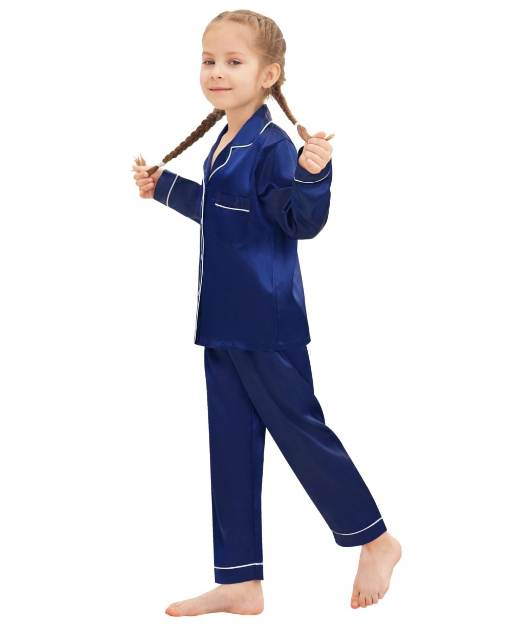 SWOMOG Family Matching Pyjamas Set Silk Satin Button Down Sleepwear Long Sleeve Nightwear 2 Pcs Pj Set Family Navy Blue 110 - Image 5